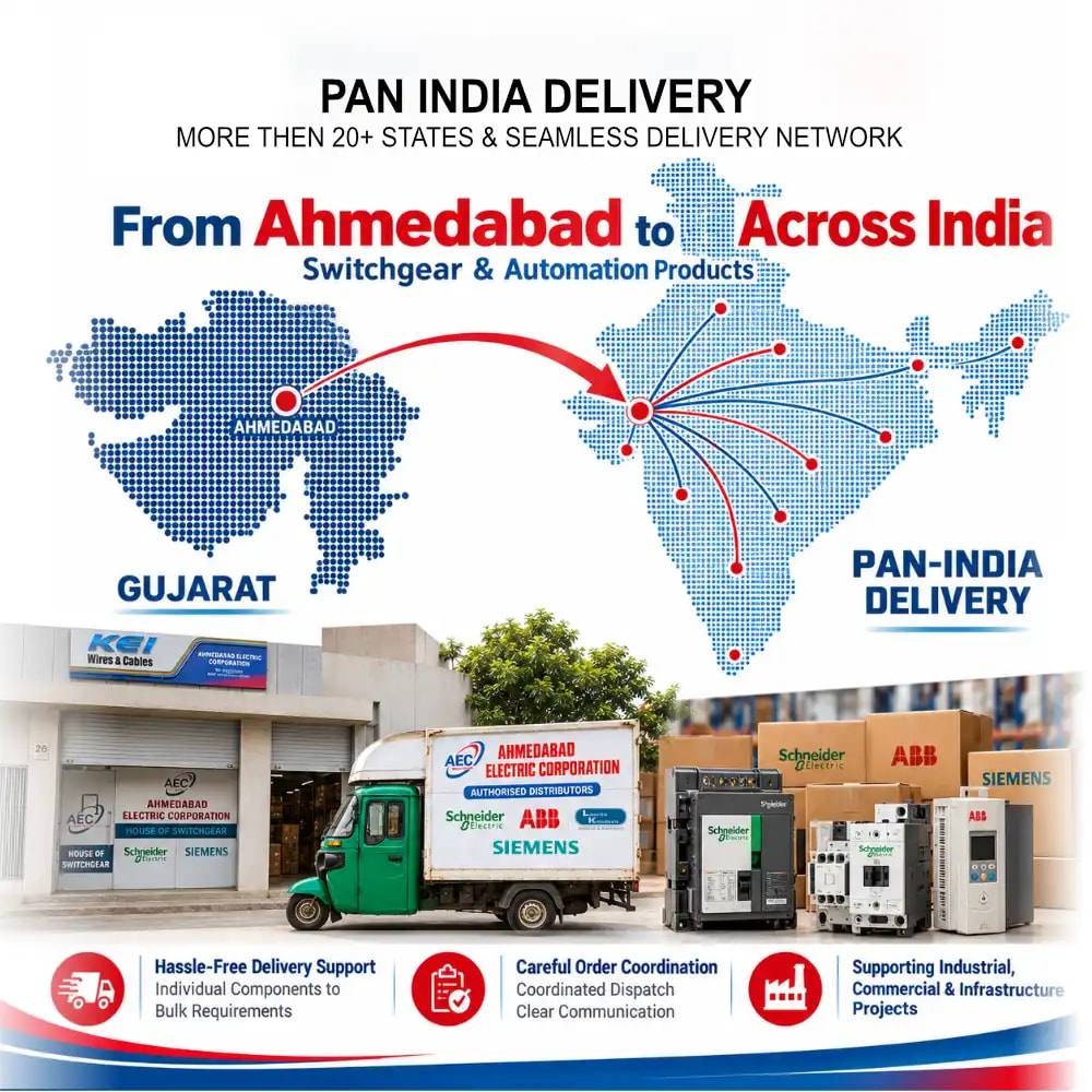 Pan-India delivery network from Ahmedabad with electrical products, warehouse and dispatch vehicle