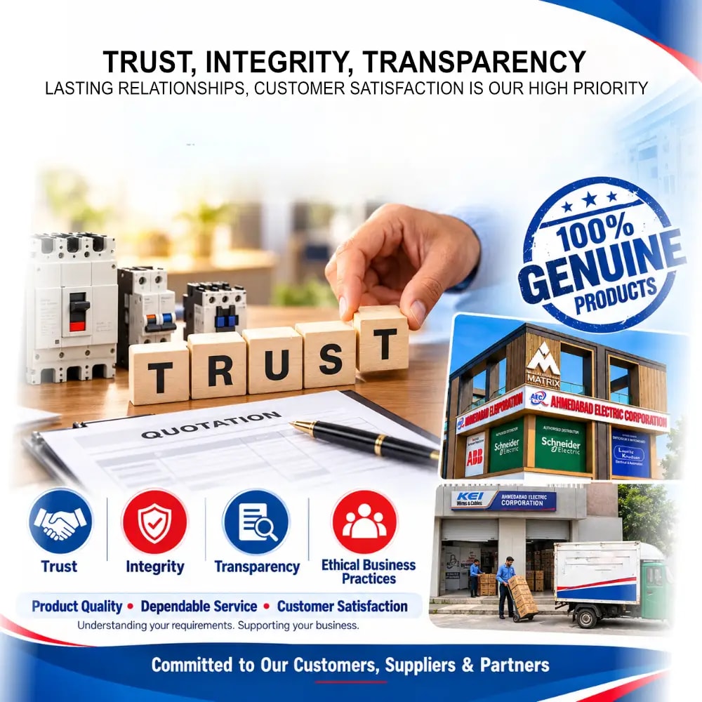 AEC values of trust, integrity, transparency and ethical business practices alongside electrical products and company facilities